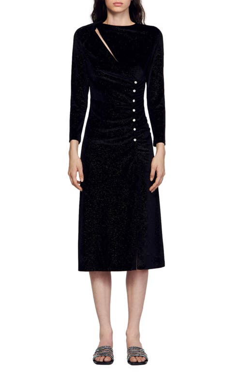 Vaness Long Sleeve Metallic Velvet Midi Dress in Black