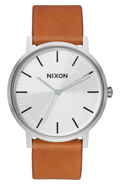 Nixon Porter Round Leather Strap Watch, 40mm In Tan/ Silver