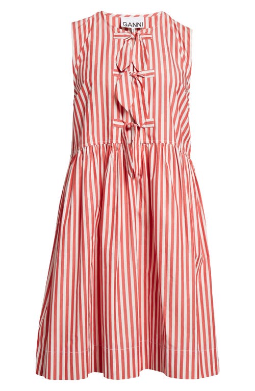 Shop Ganni Stripe Bow Tie Sleeveless Organic Cotton Dress In Barbados Cherry