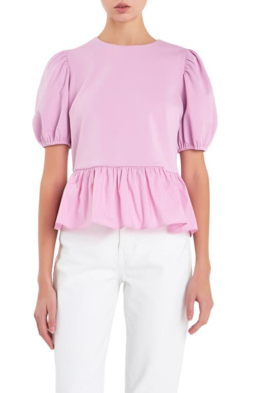 English Factory Mixed Media Puff Sleeve Peplum Top Lavender at Nordstrom,