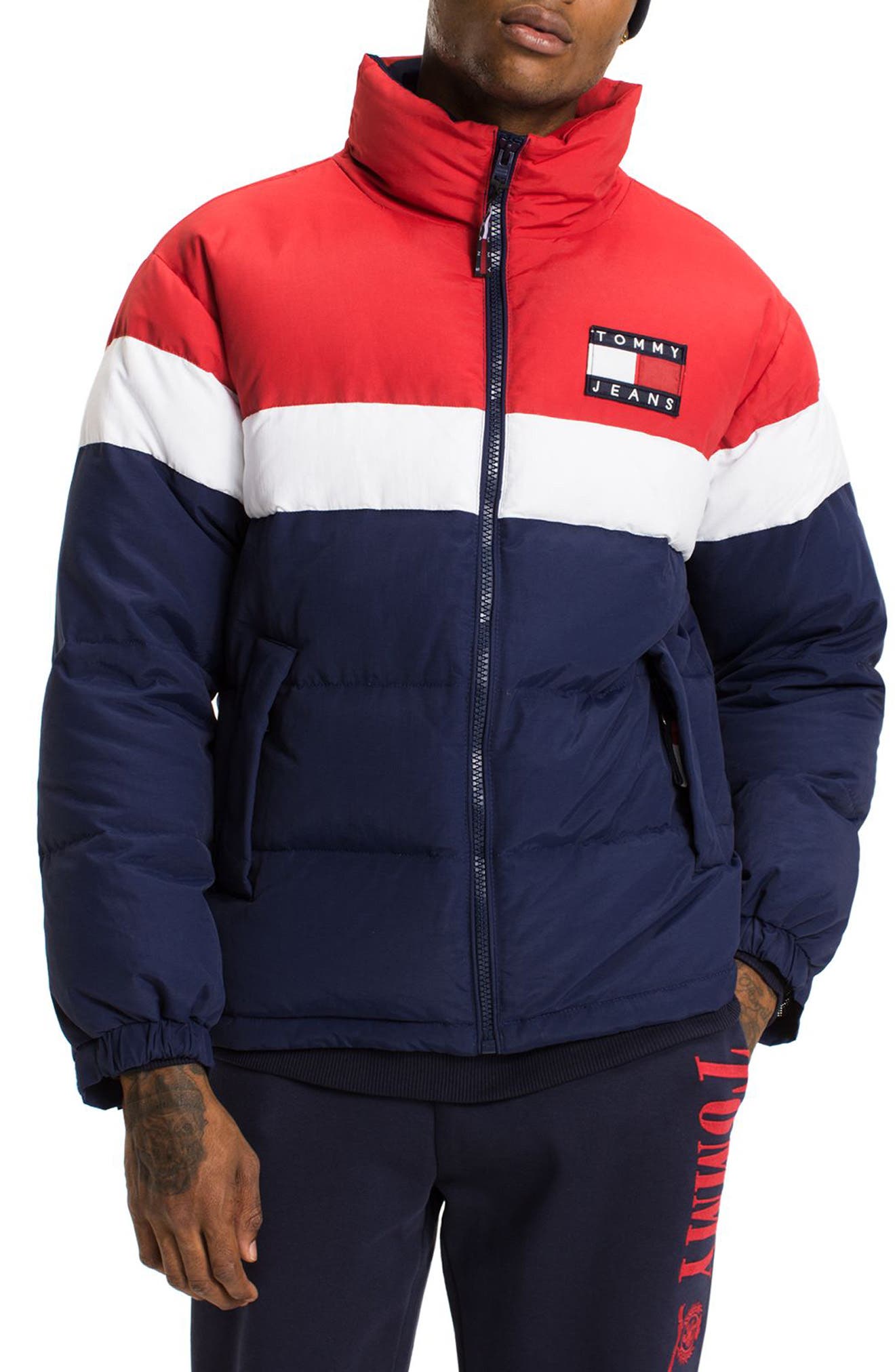 tommy hilfiger red white and blue puffer jacket
