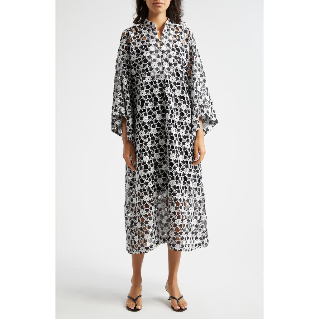 La Vie Style House Cutout Floral Lace Cover-up Caftan In Black White
