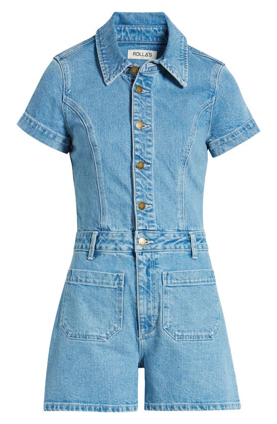 Shop Rolla's Short Sleeve Denim Romper In Mid Blue