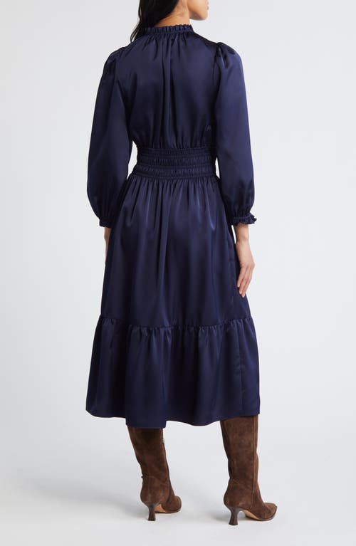 Shop Eliza J Ruffle Trim Long Sleeve Satin Dress In Navy