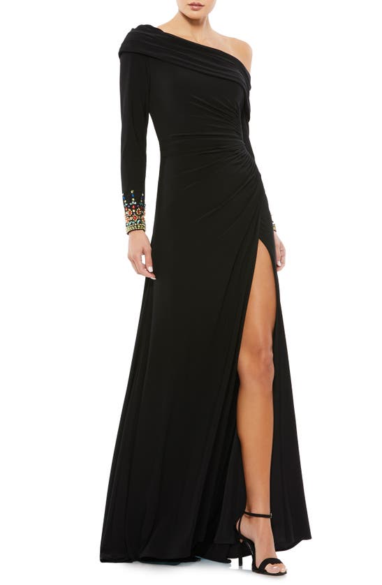 Shop Mac Duggal One-shoulder Long Sleeve Jersey Gown In Black Multi