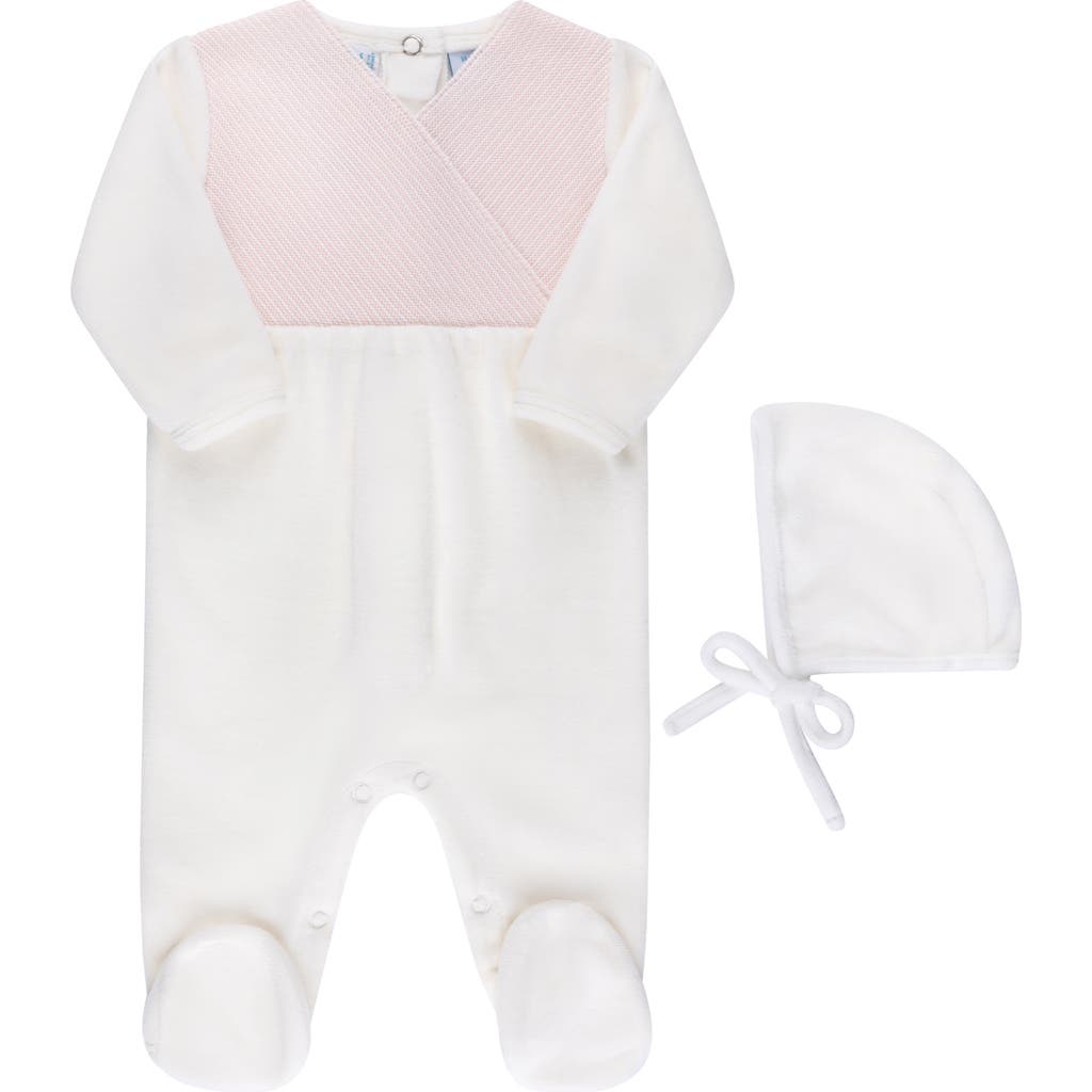 Feltman Brothers Faux Wrap Cotton Blend Velour Footie & Hat Set In Ivory/pink