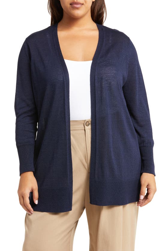 Halogen Side Slit Linen Blend Cardigan In Classic Navy