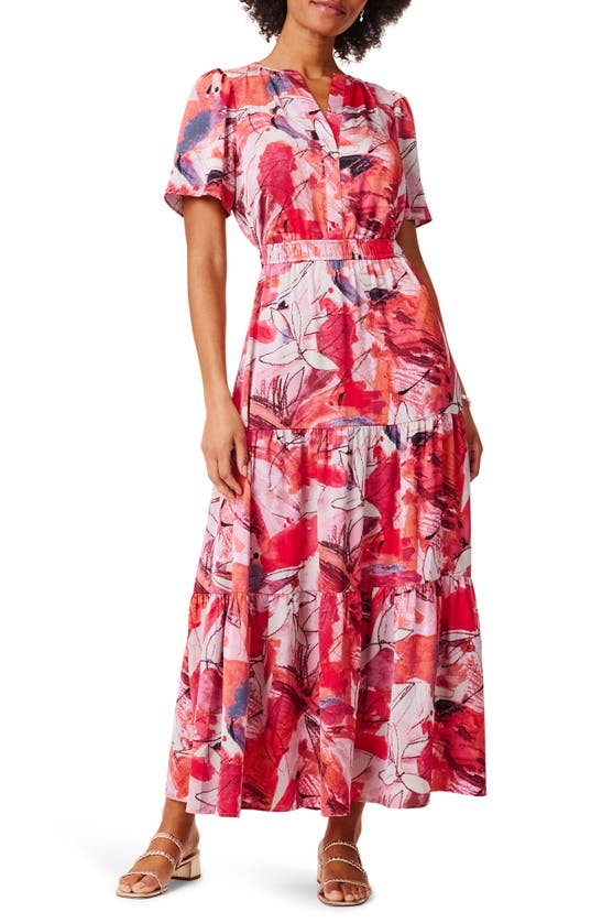 Shop Nic + Zoe Scribble Bouquet Tiered Maxi Dress In Pink Multi