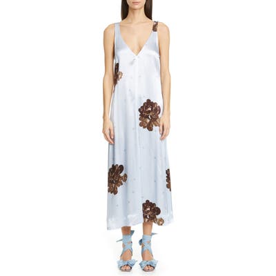 Ganni Floral Print Satin Midi Tank Dress, US - Blue
