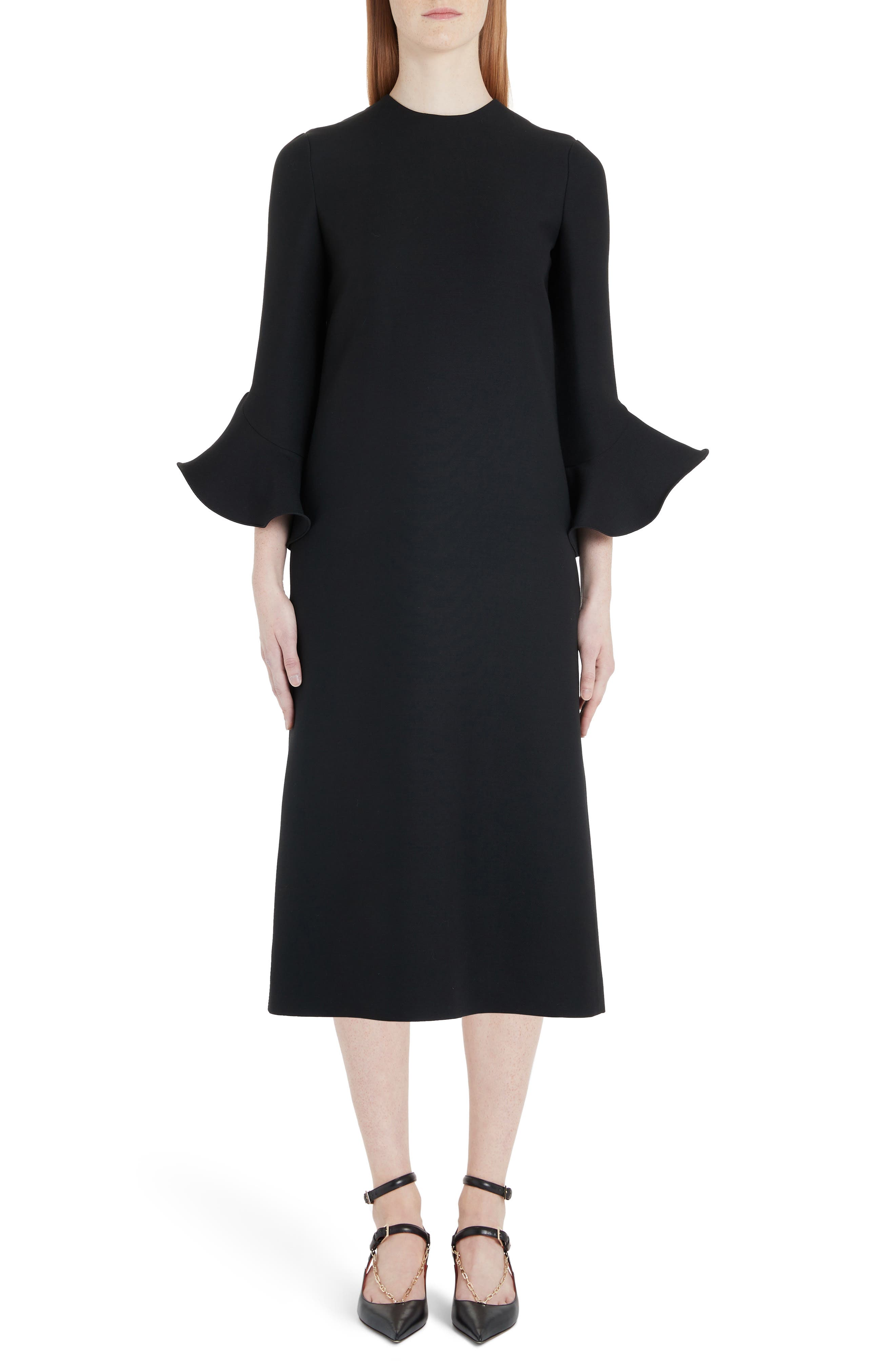 Valentino Flare Cuff Wool & Silk Midi Shift Dress, US / 40 IT - Black