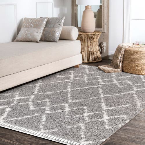 Jonathan Y Mercer Shag Plush Tassel Moroccan Geometric Trellis Area Rug In Gray/ivory