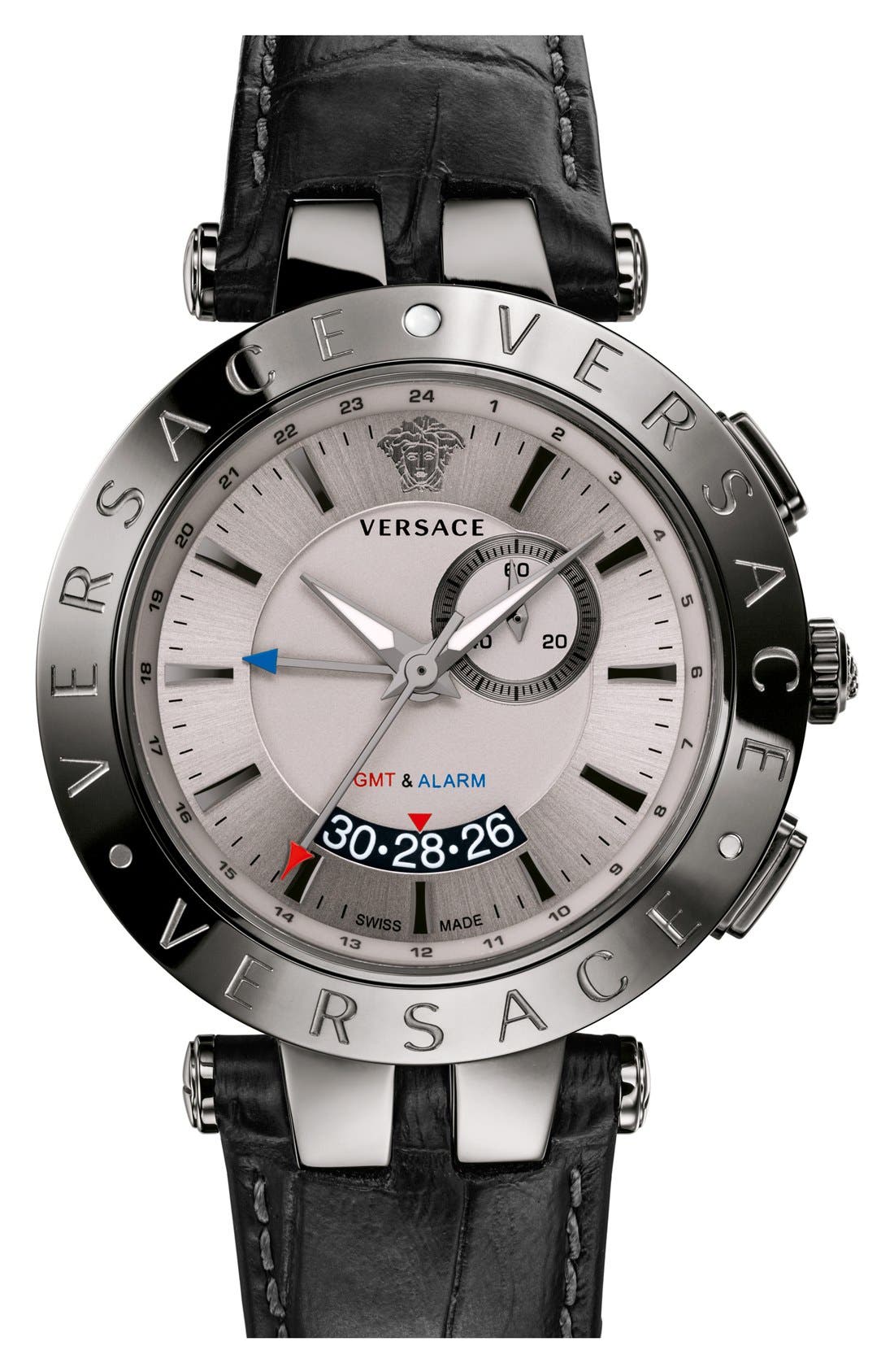 Versace 'V-Race GMT' Round Leather Strap Watch, 46mm | Nordstrom