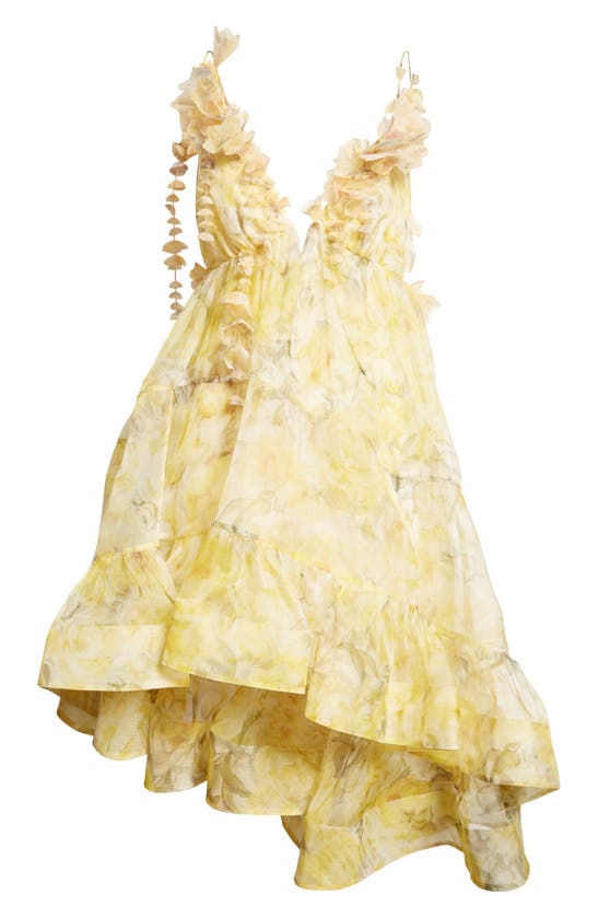 Shop Zimmermann Harmony Floral Asymmetric Silk Organza Dress In Yellow Peony