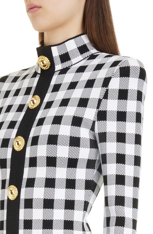 Shop Balmain Gingham Button Front Long Sleeve Knit Minidress In Eab Black/white