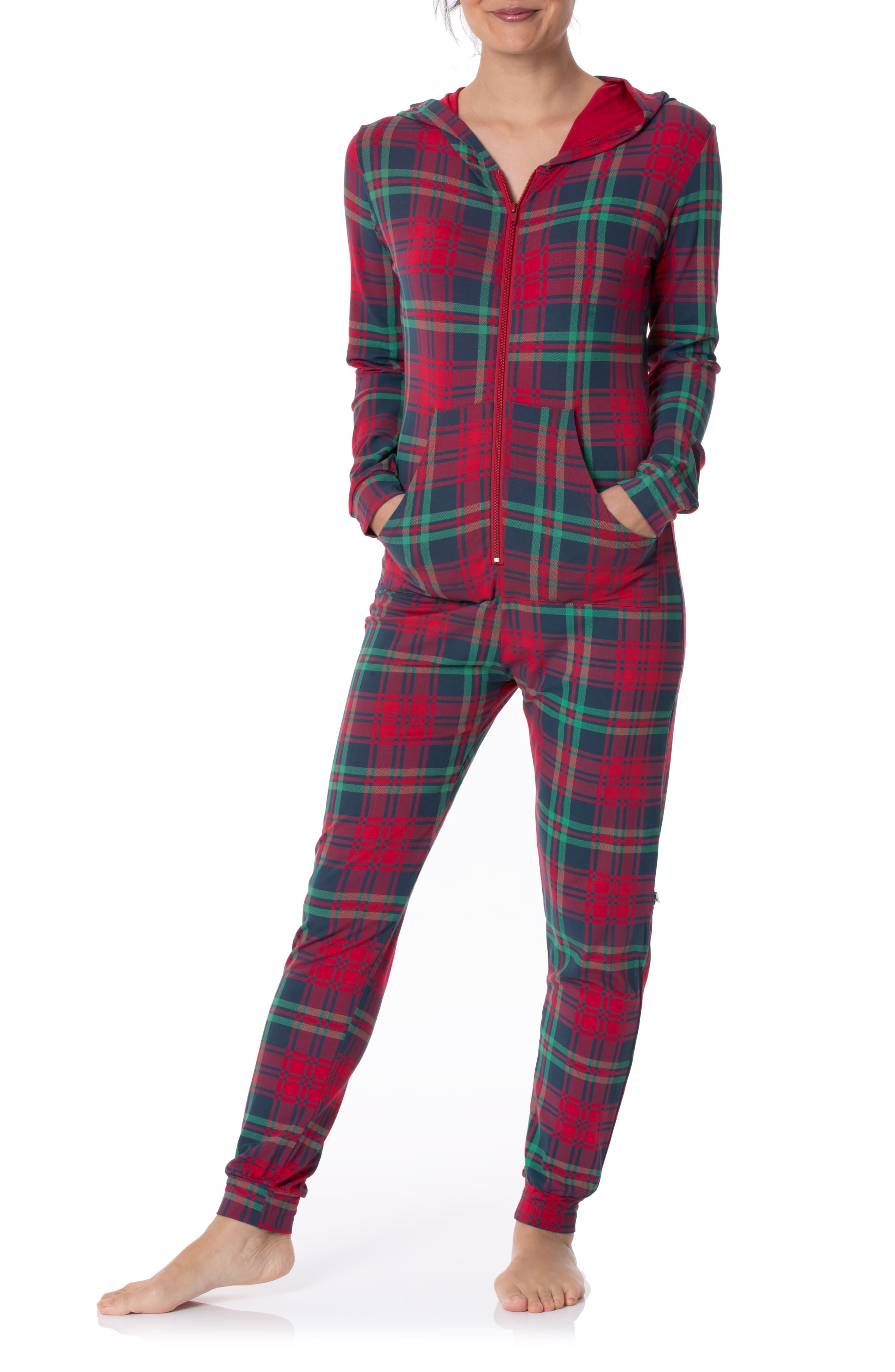 KicKee Pants Hooded Pajama Jumpsuit in Peacock Plaid 