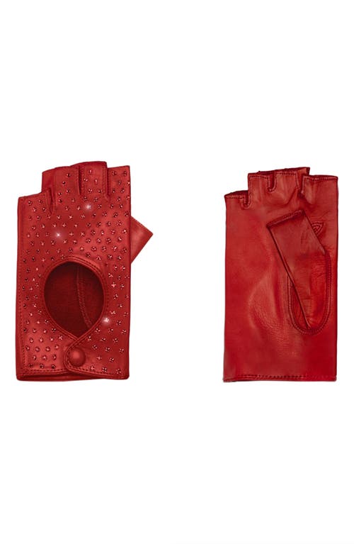 Leather & Crystal Fingerless Driving Gloves in Red