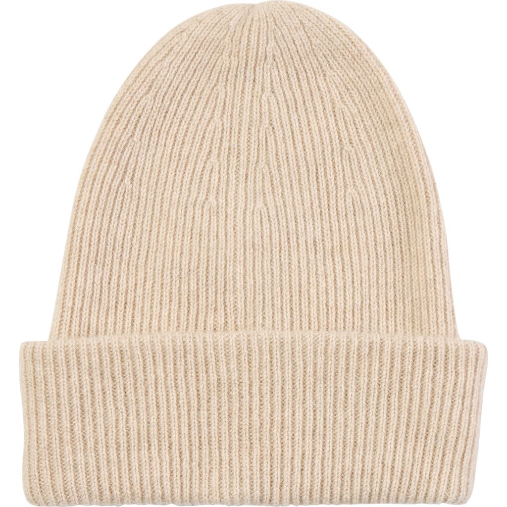 Amicale Ribbed Cashmere Double Cuff Beanie In Oat