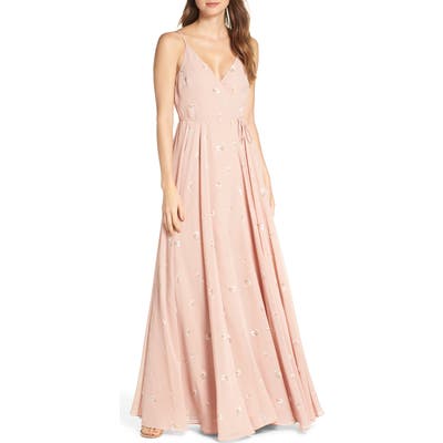 Jenny Yoo James Ditsy Floral Print Wrap Chiffon Evening Gown, Red