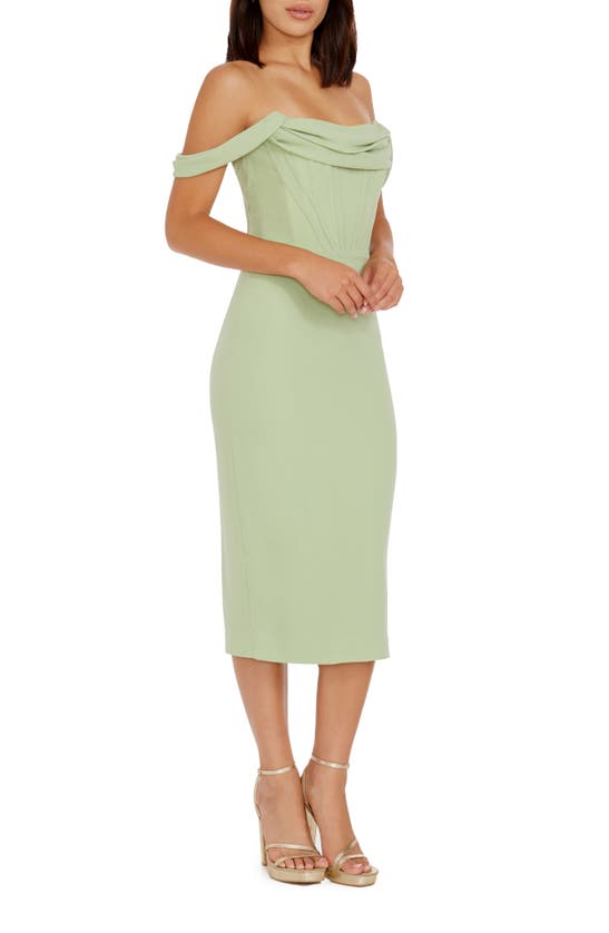 DRESS THE POPULATION DRESS THE POPULATION VICKIE OFF THE SHOULDER MIDI CORSET DRESS