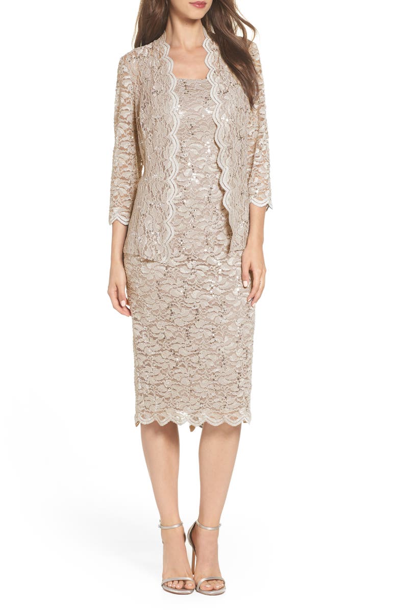 Alex Evenings Lace Cocktail Dress with Jacket, Alternate, color, Champagne