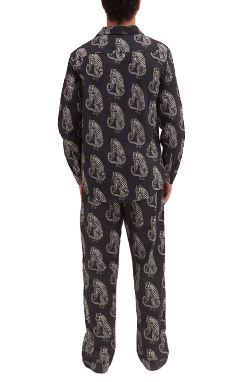 Desmond & Dempsey Tiger Print Long Sleeve Cotton Pajamas In Black/cream