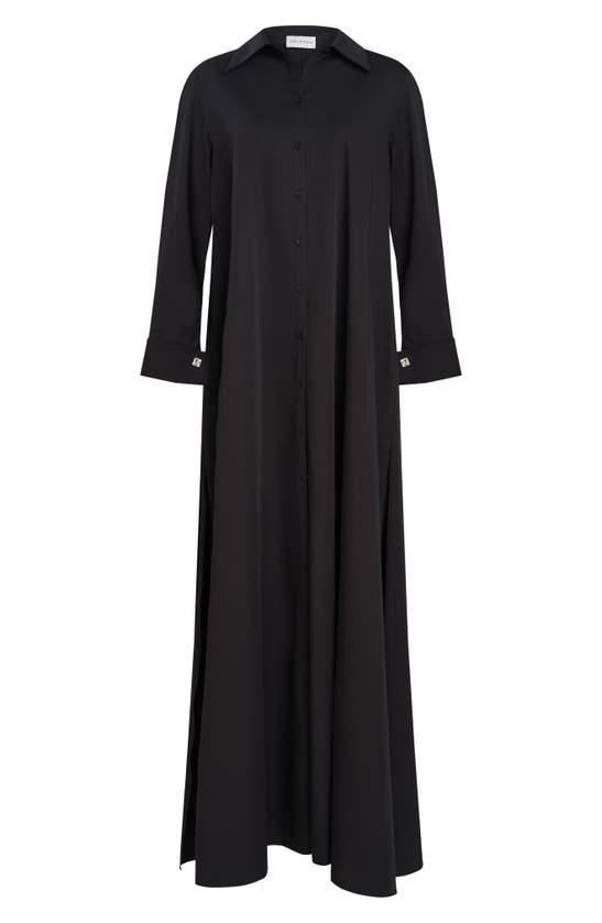 Shop Halston Imari Long Sleeve Cotton Poplin Shirtdress In Black