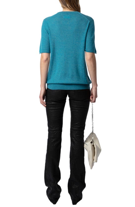 Shop Zadig & Voltaire Mon Amour Embellished Short Sleeve Cashmere Sweater In Aqua