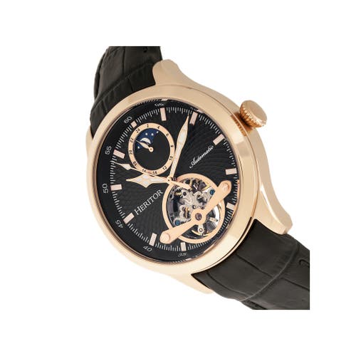 Heritor Automatic Gregory Semi-skeleton Leather-band Watch In Rose Gold/black