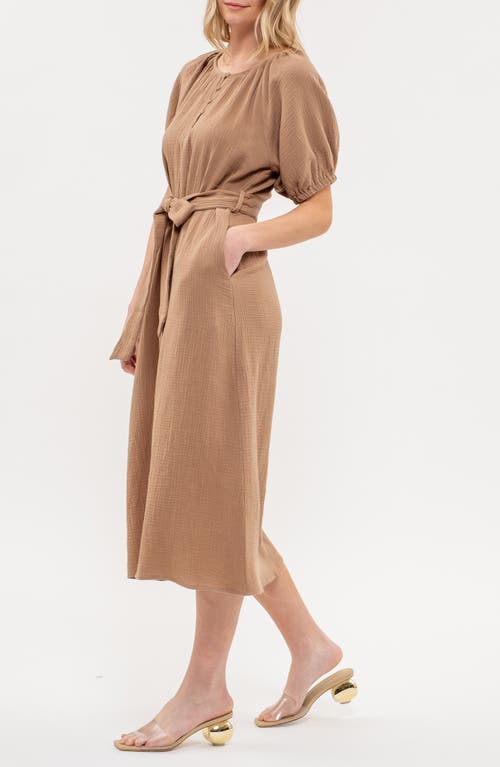 August Sky Puff Sleeve Midi Shirtdress In Tan