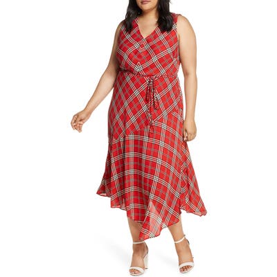 Plus Size Vince Camuto Highland Plaid Asymmetrical Sleeveless Dress, Red