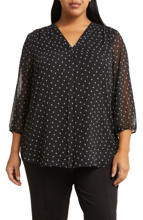 Shop Jones New York Pleated V-neck Three-quarter Sleeve Top In Jones Black/jones White