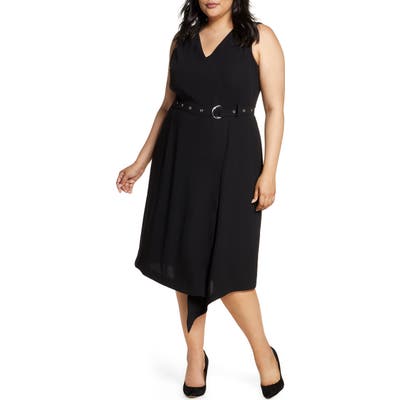 Plus Size Vince Camuto Belted Asymmetrical Hem Sleeveless Matte Crepe Dress, Black