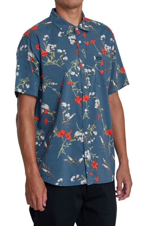 Shop Rvca Botanical Print Short Sleeve Button-up Shirt In Duck Blue