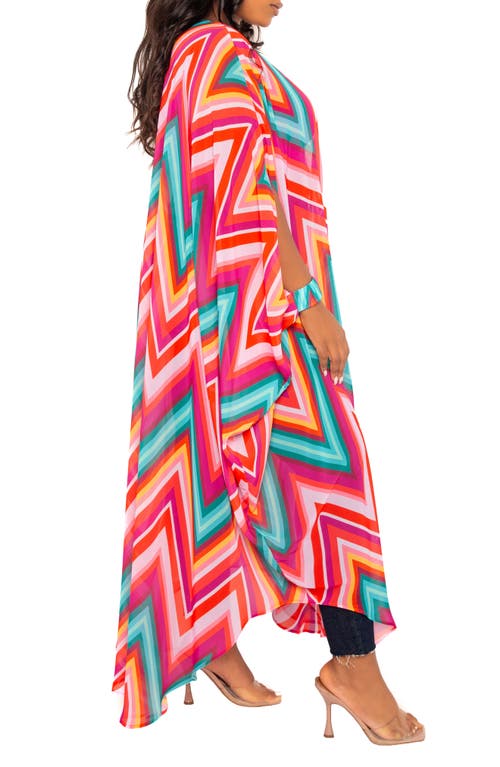 Buxom Couture Chevron Print Chiffon Robe With Wrist Bands In Pink Multi