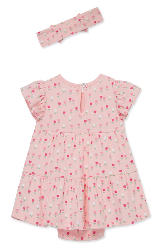 Shop Little Me Tulip Print Cotton Skirted Bodysuit & Headband Set In Pink