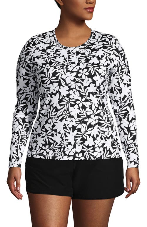 Shop Lands' End Plus Size Crew Neck Long Sleeve Rash Guard Upf 50 Sun Protection Swim Tee In Black Havana Floral