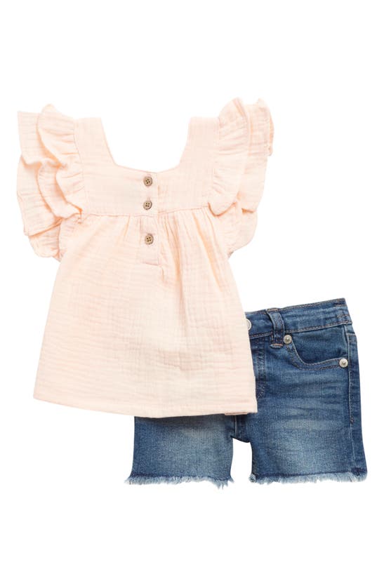 7 For All Mankind Babies' Flutter Sleeve Top & Denim Shorts Set In Pinkie