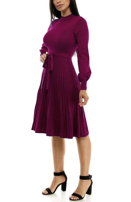 Nina Leonard Tie Waist Fit & Flare Sweater Dress In Sangria