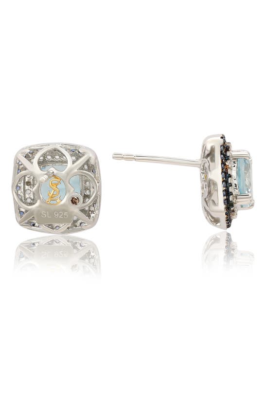 Suzy Levian Cushion Semiprecious Stone Double Halo Stud Earrings In Blue