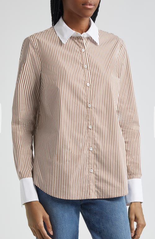 Shop Veronica Beard Marisol Stripe Contrast Detail Cotton Blend Button-up Shirt In Deep Ochre/white