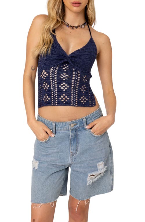 Shop Edikted Jada Open Back Crochet Crop Top In Navy