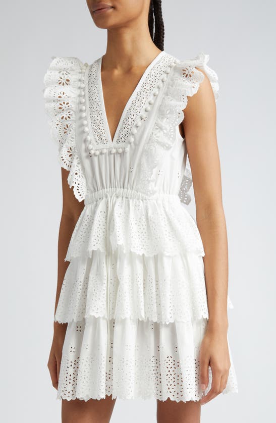 Shop Ulla Johnson Lilith Eyelet Tiered Minidress In Cowrie