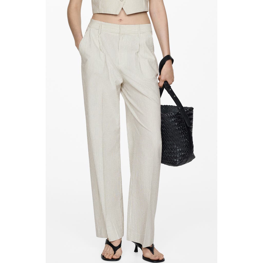 Mango Stripe Relaxed Straight Leg Seersucker Pants In Ecru