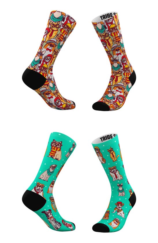 TRIBE SOCKS Socks ASSORTED 2-PACK HIPSTER CATS & HIPSTER PETS CREW SOCKS