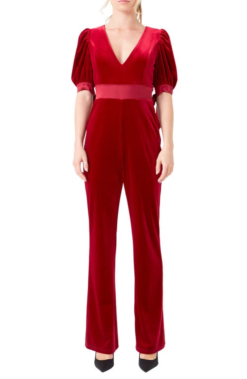 Endless Rose Women's Bow Tie Sleeve Velvet Jumpsuit In Rouge