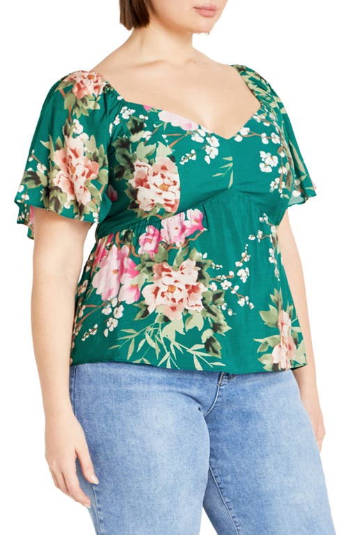 Shop City Chic Marci Floral Flutter Sleeve Top In Jade Sweet Blossom