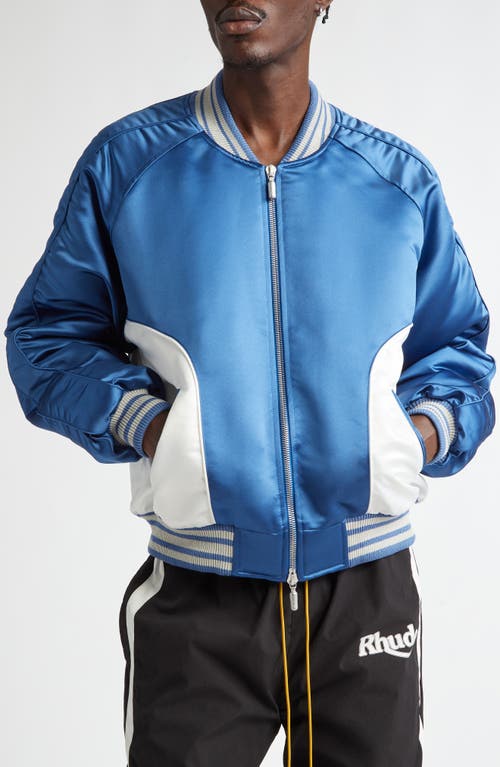 Shop Rhude Chamonix Ski Souvenir Satin Bomber Jacket In Blue/white