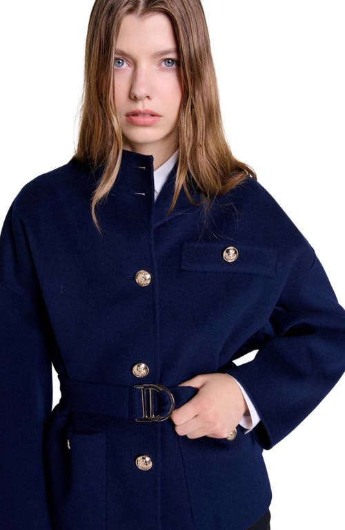 Shop Maje Belted Short Wool Coat In Navy