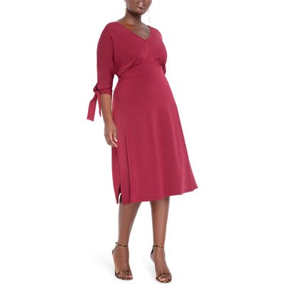 Plus Size Eloquii Tie Sleeve Stretch Matte Jersey Fit & Flare Dress, Burgundy