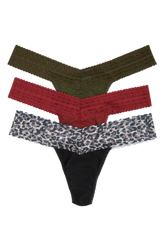 Hanky Panky Assorted 3-pack Original Rise Thongs In Rhor/ Blcl/ Rsmg